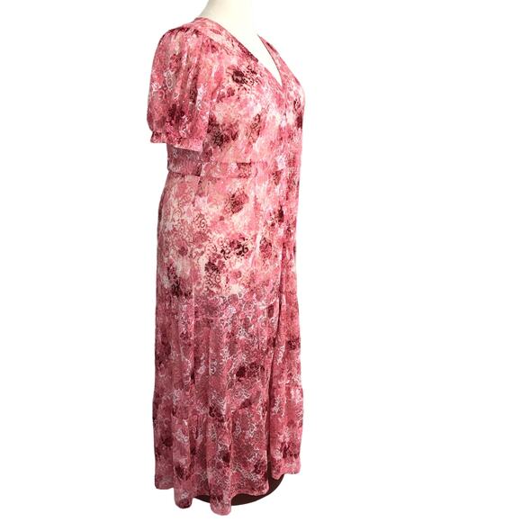 Sheer Lace Maxi Dress Button Front V Neck Short Sleeves Size 1X Pink - Picture 8 of 8